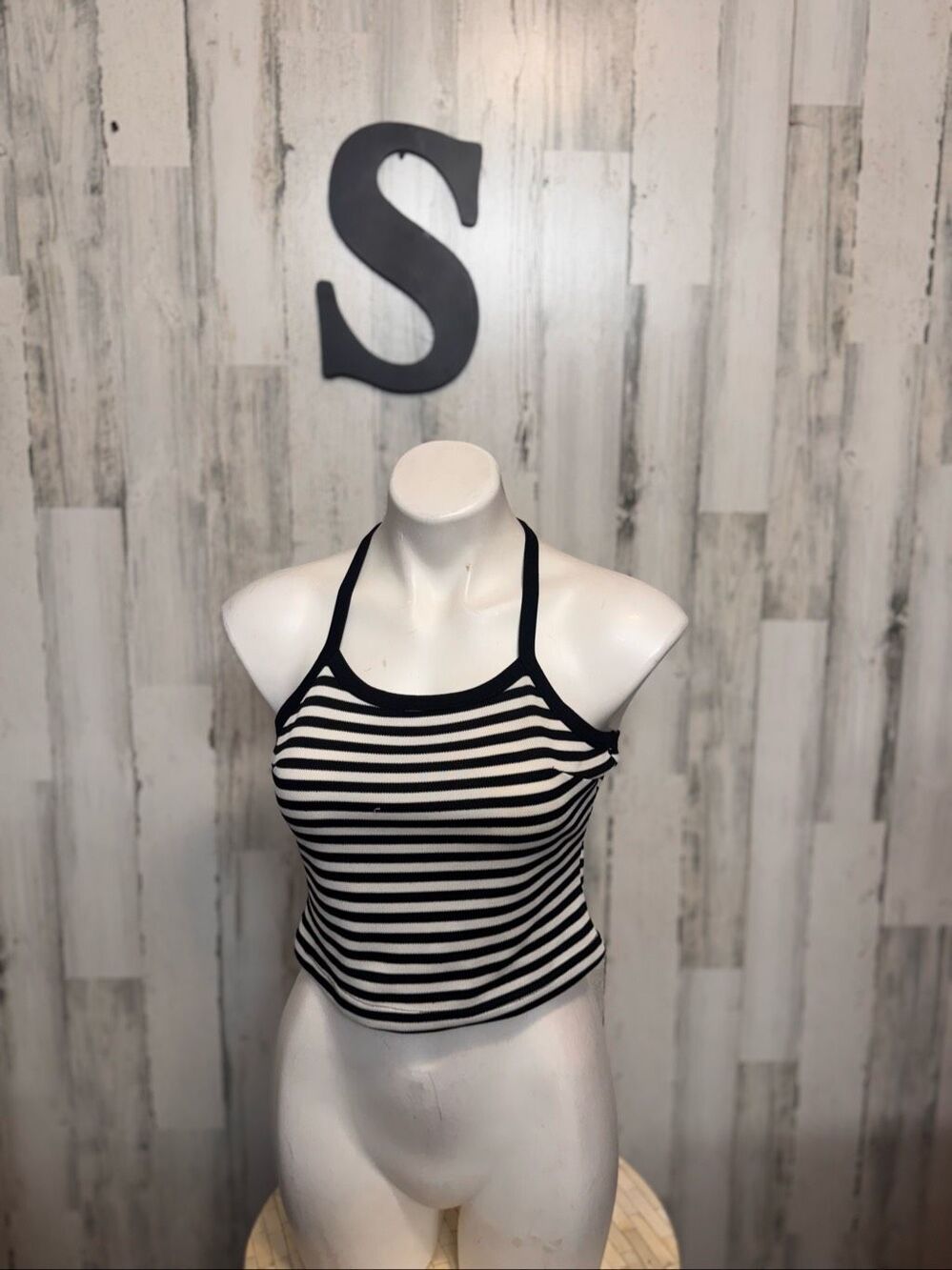 Black White Striped Ribbed Racerback Halter Style Crop Tank Top Small S